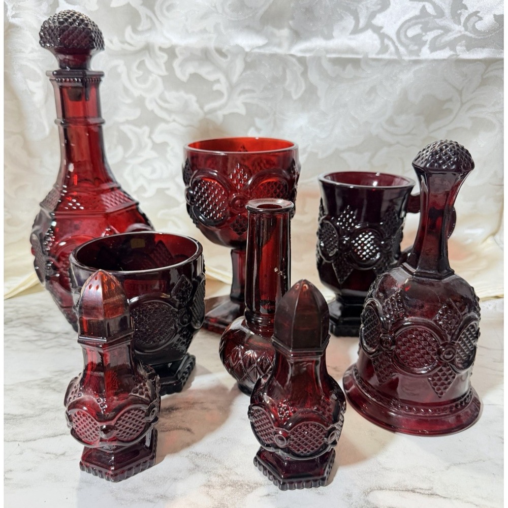8 pc AVON Cape Cod Ruby Red Glassware, Decanter, Salt & Pepper & Bell ( 3389)
